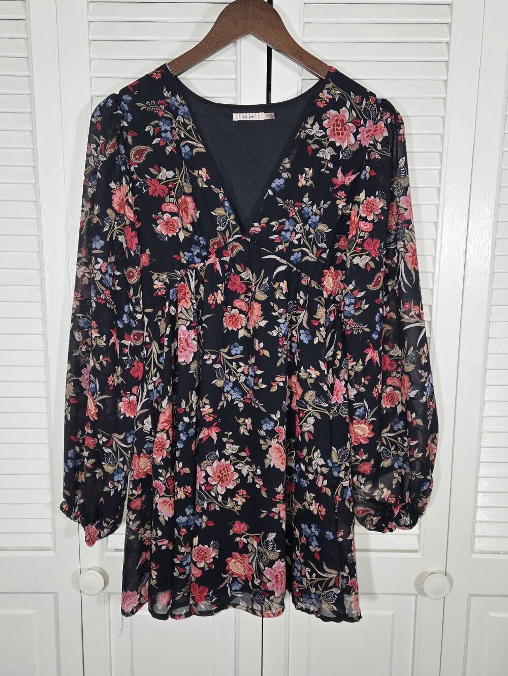 Mi Ami Long Balloon Sleeve Mini Empire Waist Deep V Floral Flowy  Dress Sz S